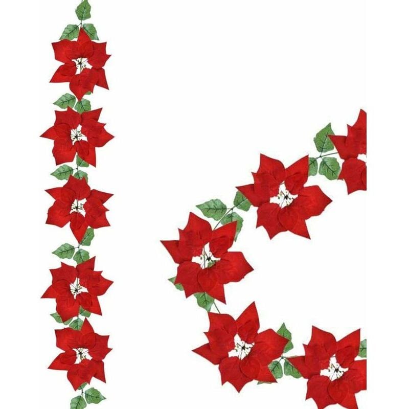 Poinsettia Christmas Garland, Red Poinsettia led String Lights with Red Berries and Holly Leaves, Artificial Poinsettia Garland Christmas Decoration