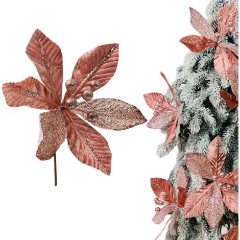 Poinsettia rose poudré sur pic - Fleurs de sapin de Noël 28 cm
