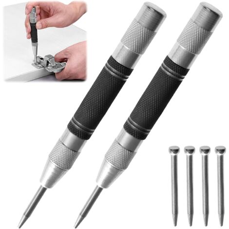 Pointeau Automatique, Pointeau Central Automatique Lot de 2, Pointeau a Frapper, Outil de Marquage pour Métal, Verre, Bois, Idéal pour Bricolage et Urgences, Inclut 4 Embouts de Rechange