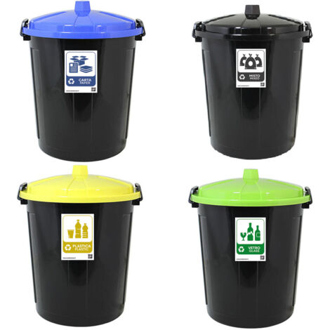 Poker 4 bidoni per la raccolta differenziata di carta plastica vetro misto new con coperchio chiurura antiodori e randagismo per casa cucina giardino locali commerciali