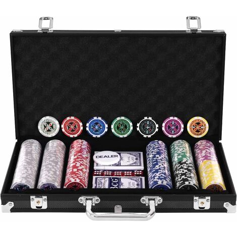 Poker-Set mit 300 Poker Chips, Pokerset Koffer Profi,Pokerkoffer aus Alu, Pokerspiel mit 1 Dealer Button, 5 Würfel und 2 Kartendecks (Schwarz)