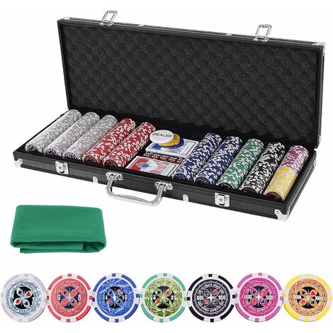 Pokerset mit 500 Laser Pokerchips & Aluminiumkoffer & 2 Kartendecks & 5 Würfel & 3 Dealer Button & Tischtuch, Profi Pokerspiel, Poker Set (Schwarz)