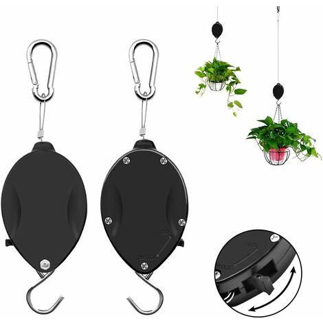 Polea retráctil para plantas, ajustable con mecanismo de bloqueo para colgar plantas, cestas de flores de jardín, macetas y comederos para pájaros, bajar y subir a diferentes alturas, negro (2)