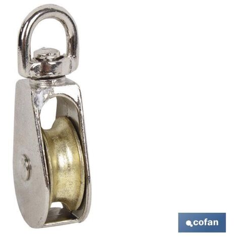Polea simple giratoria niquelada Ø30mm, ideal para cargas ligeras y uso versátil.