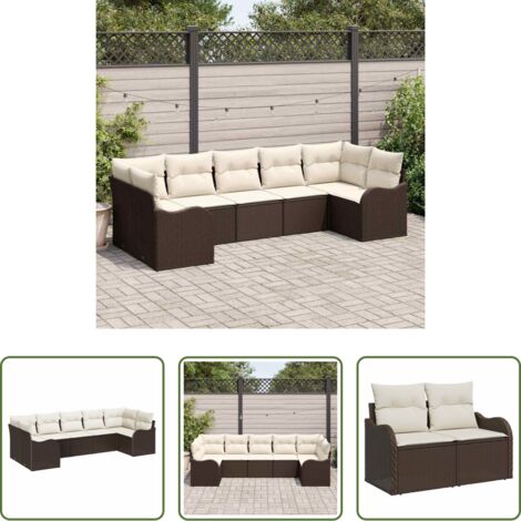 Poli rattan -  Set Divano da Giardino 7 pcs Marrone e bianco Poly Rattan