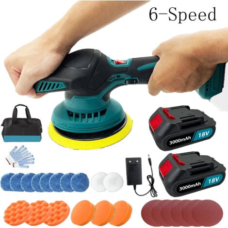 TEETOK Polierer, 6-Zoll-Akku-Autopolierer, elektrischer Polierer mit 6 Geschwindigkeiten und 18 Ersatzpads-Aufsatz für Makita DPO600Z + 2 x 3000 mAh Akku + Ladegerät