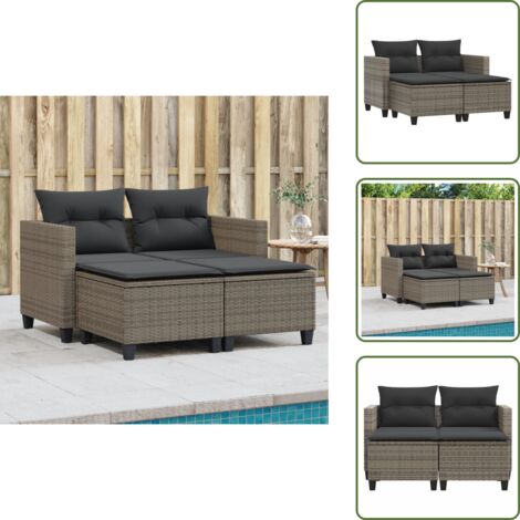 Poliestere - vidaXL Divano da Giardino 2 Posti con Sgabelli Grigio in Polyrattan - Cuscino sfoderabile