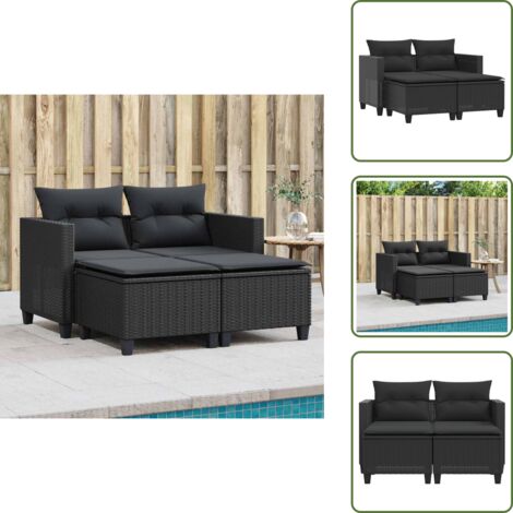 Poliestere - vidaXL Divano da Giardino 2 Posti con Sgabelli Nero in Polyrattan - Cuscino sfoderabile