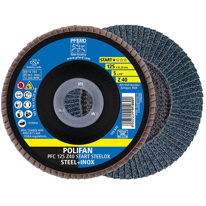 Polifan 69300934 - Disco a ventaglio, 10 pezzi, 125 x 22,23 mm, conico Z40, linea starter steelox per acciaio, acciaio inossidabile (inox) - Pferd