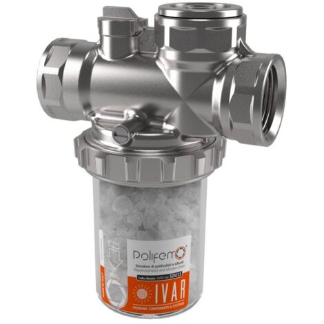 POLIFEMO 1" Dosatore proporzionale di polifosfati e silicati in cristalli completo di filtro, sistema di bypass integrato e kit di connessione 520212