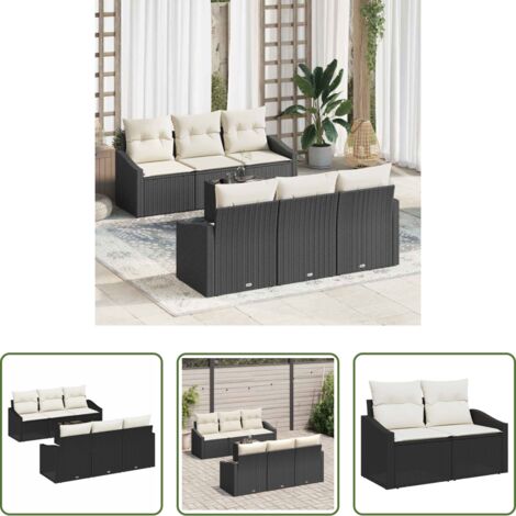 Polirattan -  Set di divani con cuscino 7 pcs Nero e Crema polyrattan
