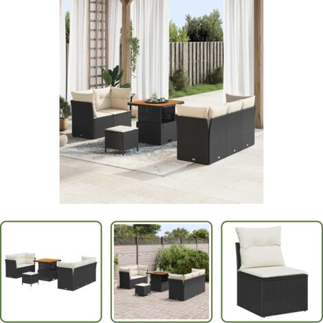 Polirattan -  Set Divano da Giardino 8 pcs Nero e Crema polyrattan