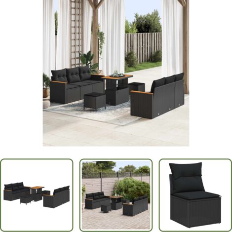 Polirattan -  Set Divano da Giardino con cuscino 11 pcs Nero polyrattan