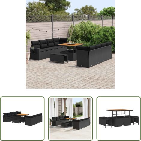 Polirattan -  Set Divano da Giardino con cuscino 11 pcs Nero polyrattan