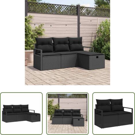 Polirattan -  Set Divano da Giardino con cuscino 4 pcs Nero Poly Rattan