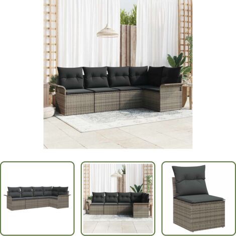 Polirattan -  Set Divano da Giardino con cuscino 5 pcs Grigio polyrattan