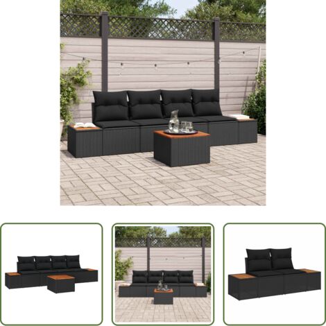 Polirattan -  Set Divano da Giardino con cuscino 5 pcs Nero Poly Rattan