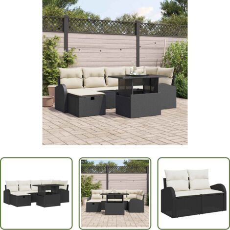 Polirattan -  Set Divano da Giardino con cuscino 7 pcs Nero Poly Rattan