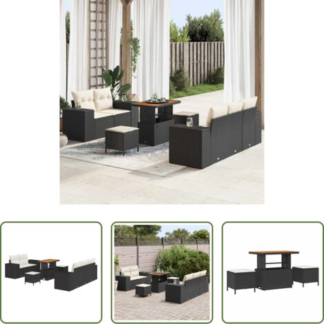 Polirattan -  Set Divano da Giardino con cuscino 8 pcs Nero e Crema
