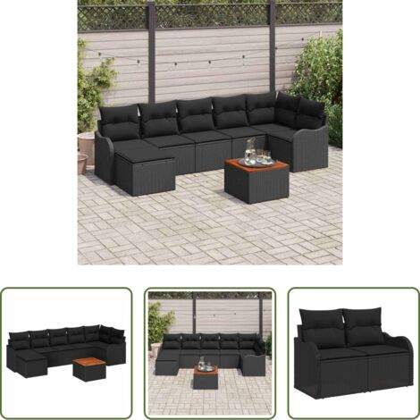 Polirattan -  Set Divano da Giardino con cuscino 8 pcs Nero polyrattan
