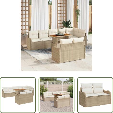 Polirattan -  Set Divano da Giardino con cuscino 9 pcs beige e panna
