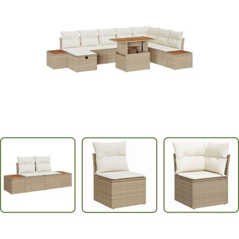 Polirattan -  Set Divano da Giardino con cuscino 9 pcs Beige polyrattan
