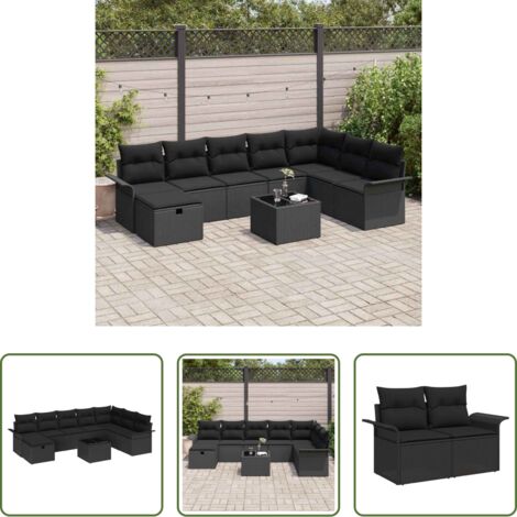 Polirattan -  Set Divano da Giardino con cuscino 9 pcs Nero Poly Rattan