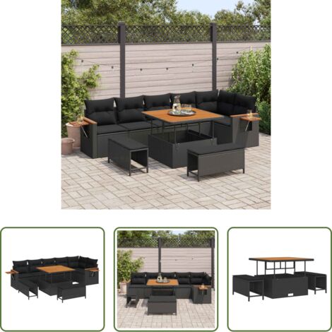 Polirattano -  Set Divano da Giardino con cuscino 11 pcs Nero polyrattan