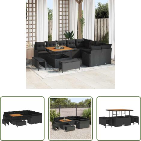 Polirattano -  Set Divano da Giardino con cuscino 12 pcs Nero polyrattan