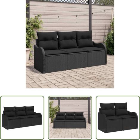 Polirattano -  Set Divano da Giardino con cuscino 3 pcs Nero polyrattan