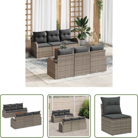Polirattano -  Set Divano da Giardino con cuscino 7 pcs Grigio polyrattan