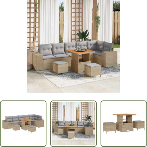Polirattano -  Set Divano da Giardino con cuscino 9 pcs Beige polyrattan