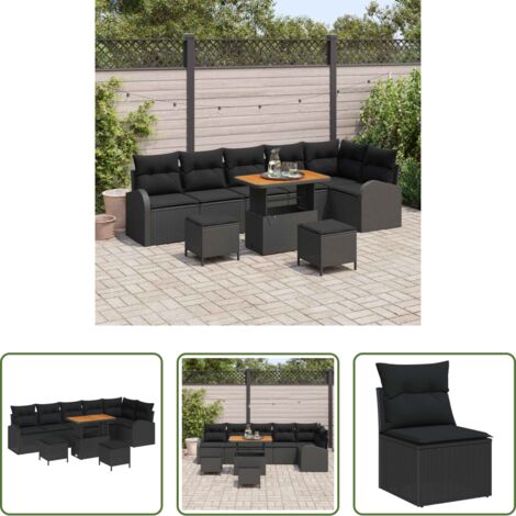 Polirattano -  Set Divano da Giardino con cuscino 9 pcs Nero polyrattan