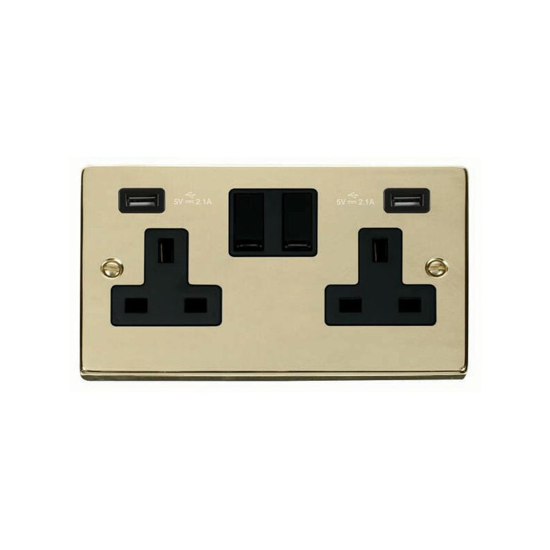 Se Home - Polished Brass 2 Gang 13A 2 usb Twin Double Switched Plug Socket - Black Trim