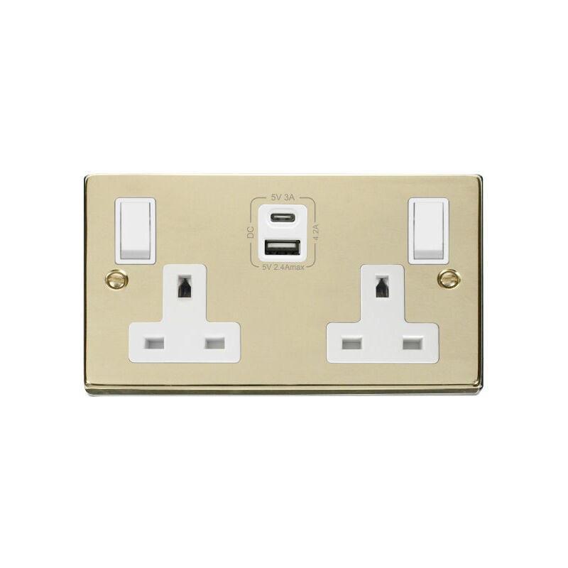 Se Home - Polished Brass 2 Gang 13A Type a & c usb Twin Double Switched Plug Socket - White Trim