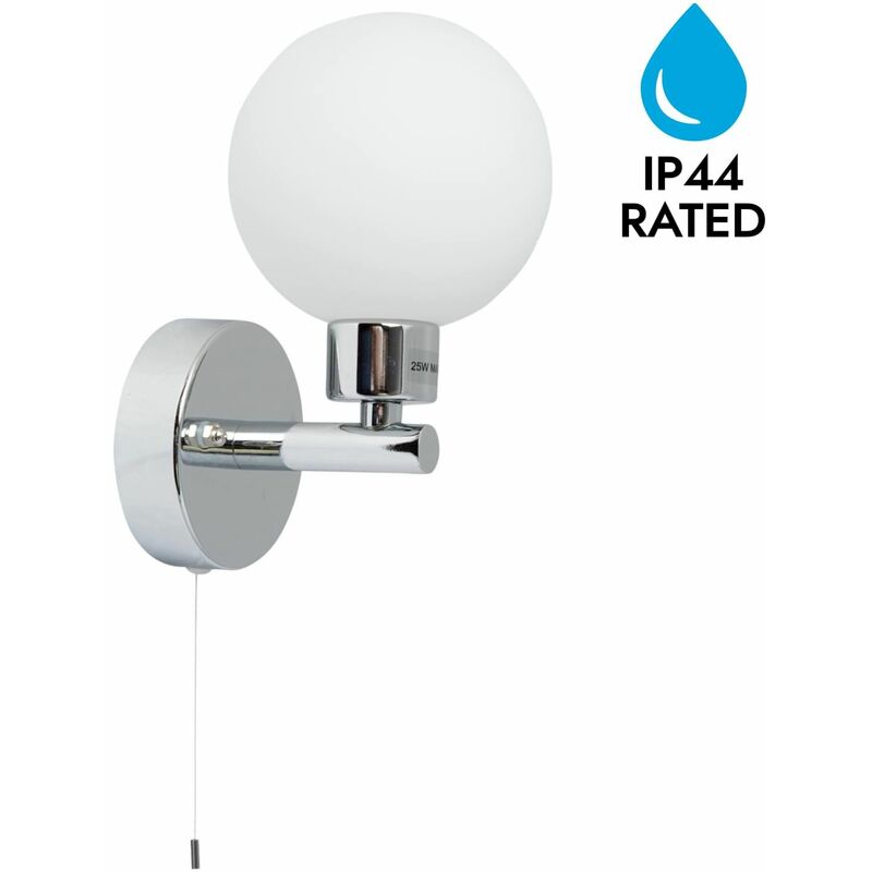 Polished Chrome IP44 Bathroom Wall Light With Pull Cord Switch