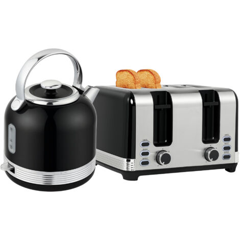 Polished Stainless Steel Kettle and Toaster Set - Black