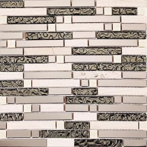 main image of "Polished Steel, Natural Stone and Silver Glass Brick Shape Mosaic Tile Sheet MT0146"