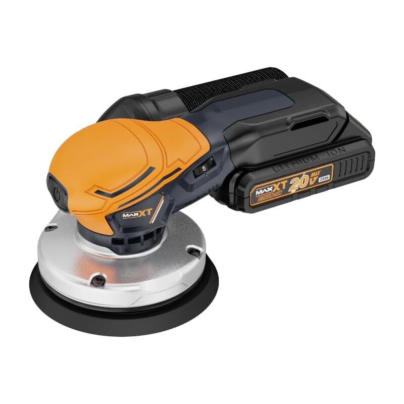 Maxxt - Ponceuse excentrique sans fil 125mm 20V (2,0Ah), 2,5mm, inclut 10 papiers abrasifs, collecteur de poussière (28mm), batterie et chargeur,
