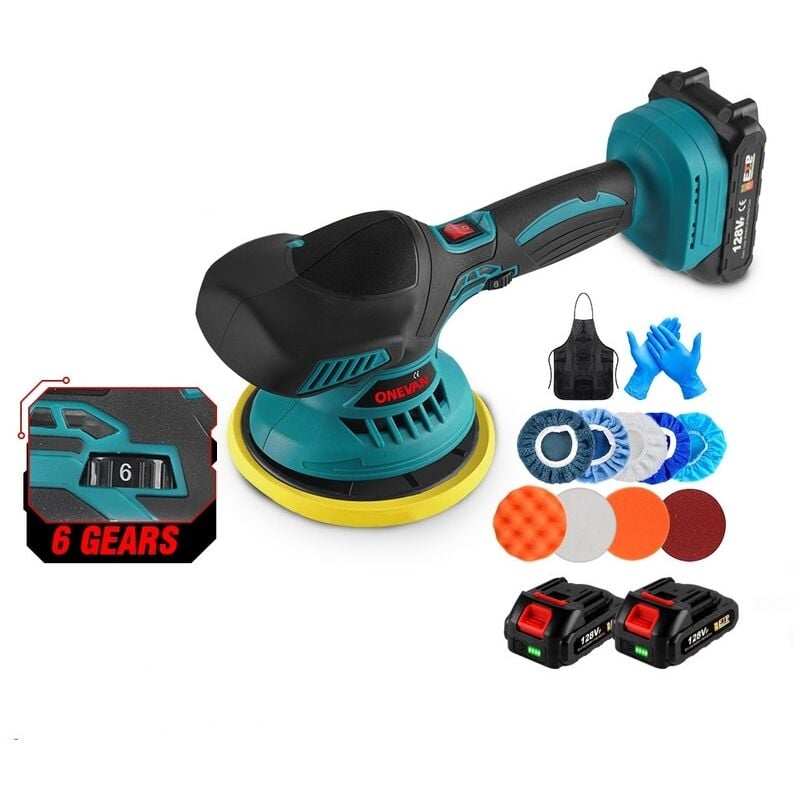 Polisseuse sans fil Onevan 150 mm,6 vitesses Polisseuse voiture,kit de polisseuse rotative 7000 tr/min, Avec deux batterie au lithium 128vf