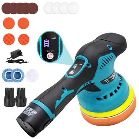 Polisseuse de voiture sans fil, kit de polissage voiture, 2 batteries 12V, polisseuse orbitale avec 16 Accessoires, 2800-5500RPM
