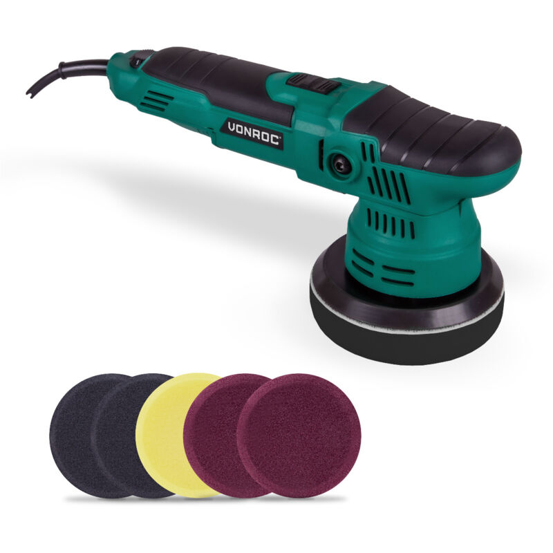 Polisseuse double action 650W - 125mm - 7 éponges et plateau de polissage inclus