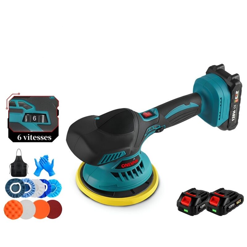 Polisseuse sans fil Onevan 150 mm, polisseuse voiture 6 vitesses, kit de polisseuse rotative 7000 tr/min avec 2 batteries pour