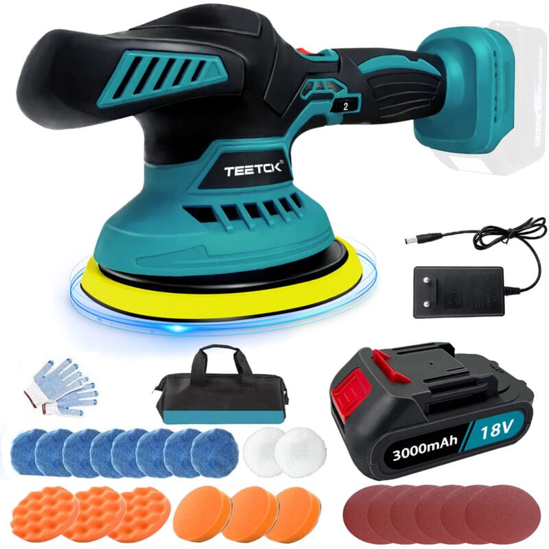 Polisseuse, polisseuse sans fil de 4,9', ponceuse électrique pour voiture, 6 vitesses, polissage 125 mm 18 tampons, + 1 batterie 3,0 Ah + chargeur