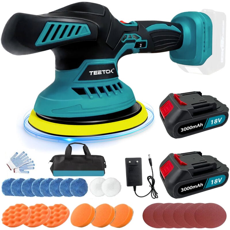 Polisseuse, polisseuse sans fil de 4,9', ponceuse électrique pour voiture, 6 vitesses, polissage 125 mm 18 tampons,+ 2 batteries 3000 mAh +