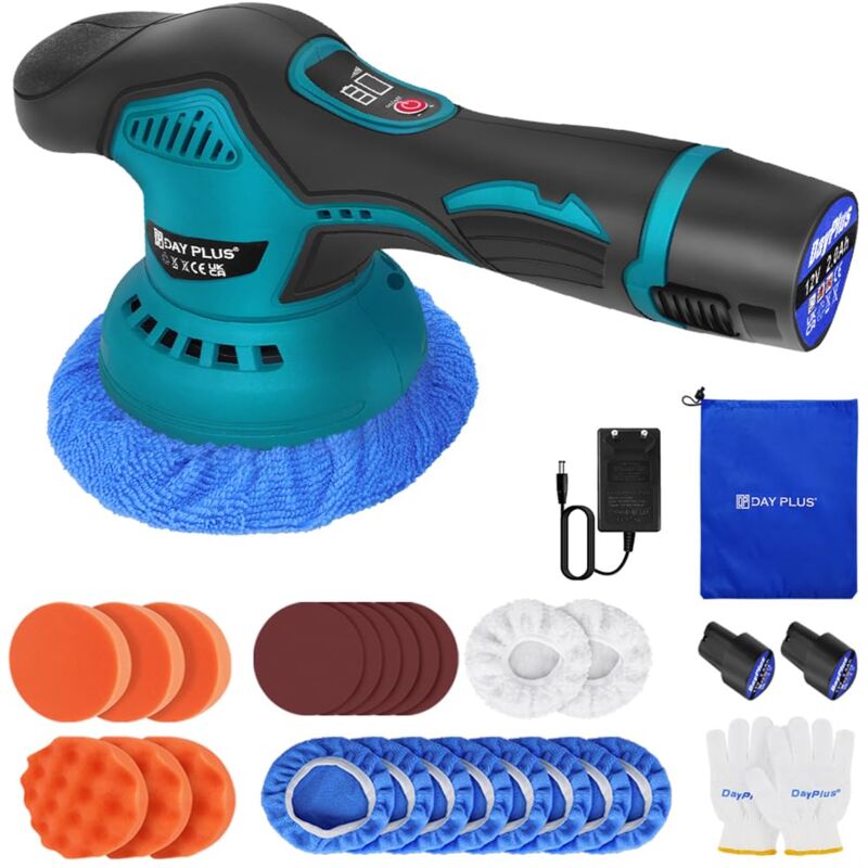 Polisseuse Sans Fil de Voiture, Portable Polish Voiture, Polisseuse Excentrique 8 Vitesse Variable, Kit Polissage Voiture avec 6 Tampons de Polissage