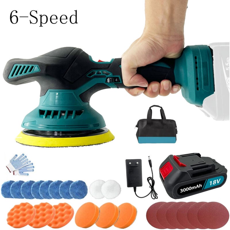 Polisseuse,Polisseuse de voiture sans fil 21 v 6 pouces, ponceuse tampon, 6 vitesses, nettoyeur électrique + tampons + batterie 3,0 a + chargeur,