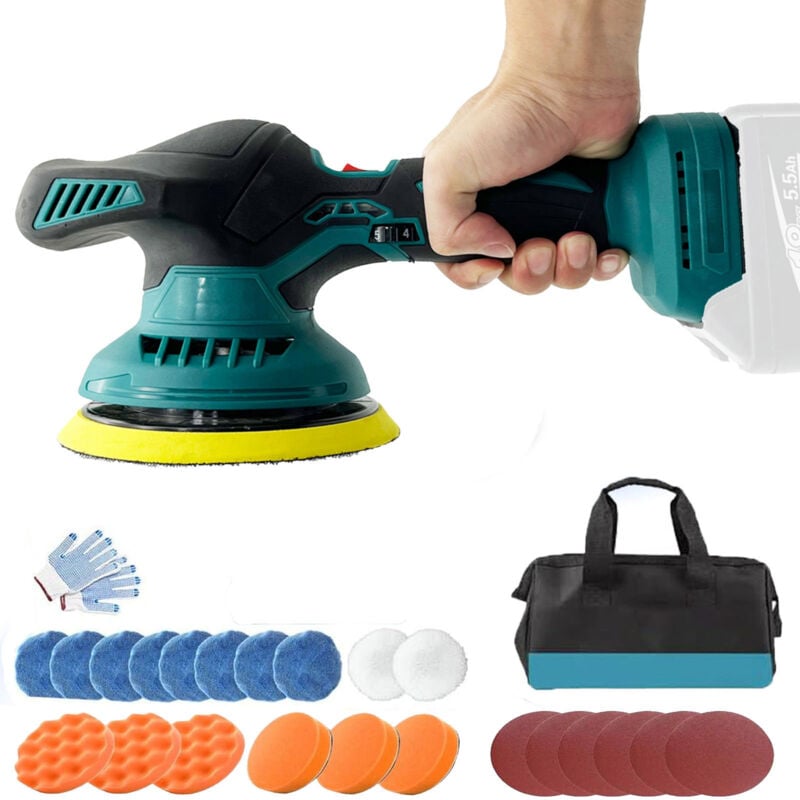 Polisseuse,Polisseuse de voiture sans fil 21 v 6 pouces, ponceuse tampon, machine de polissage à 6 vitesses, 18 tampons, corps uniquement (sans
