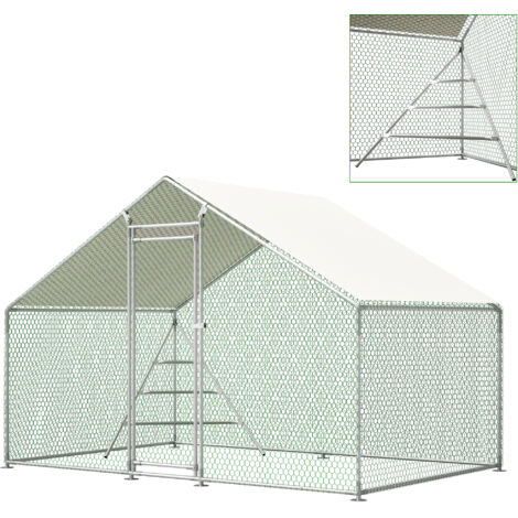 Pollaio 3x2 m con tetto, recinto in metallo, impermeabile e resistente ai raggi UV, porta con serratura, bianco/verde