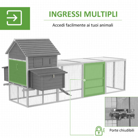 Pollaio da esterno per galline ovaiole, casetta per galline con rampa e area aperta recintata, 310,5x149,5x149 cm, grigio